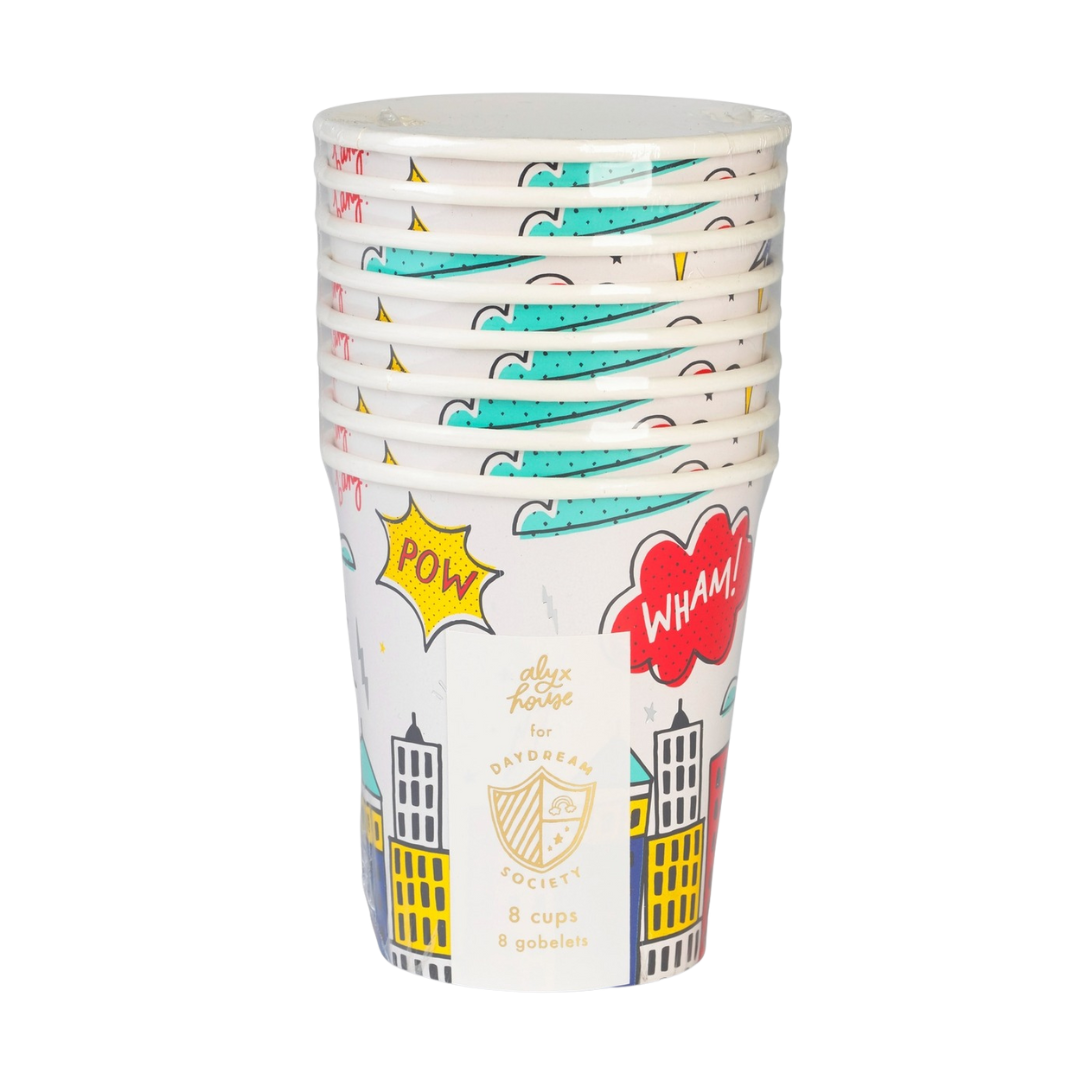 Colorful superhero paper cups with comic designs for birthday theme from Parte Haus party supply store in Bethesda MD
