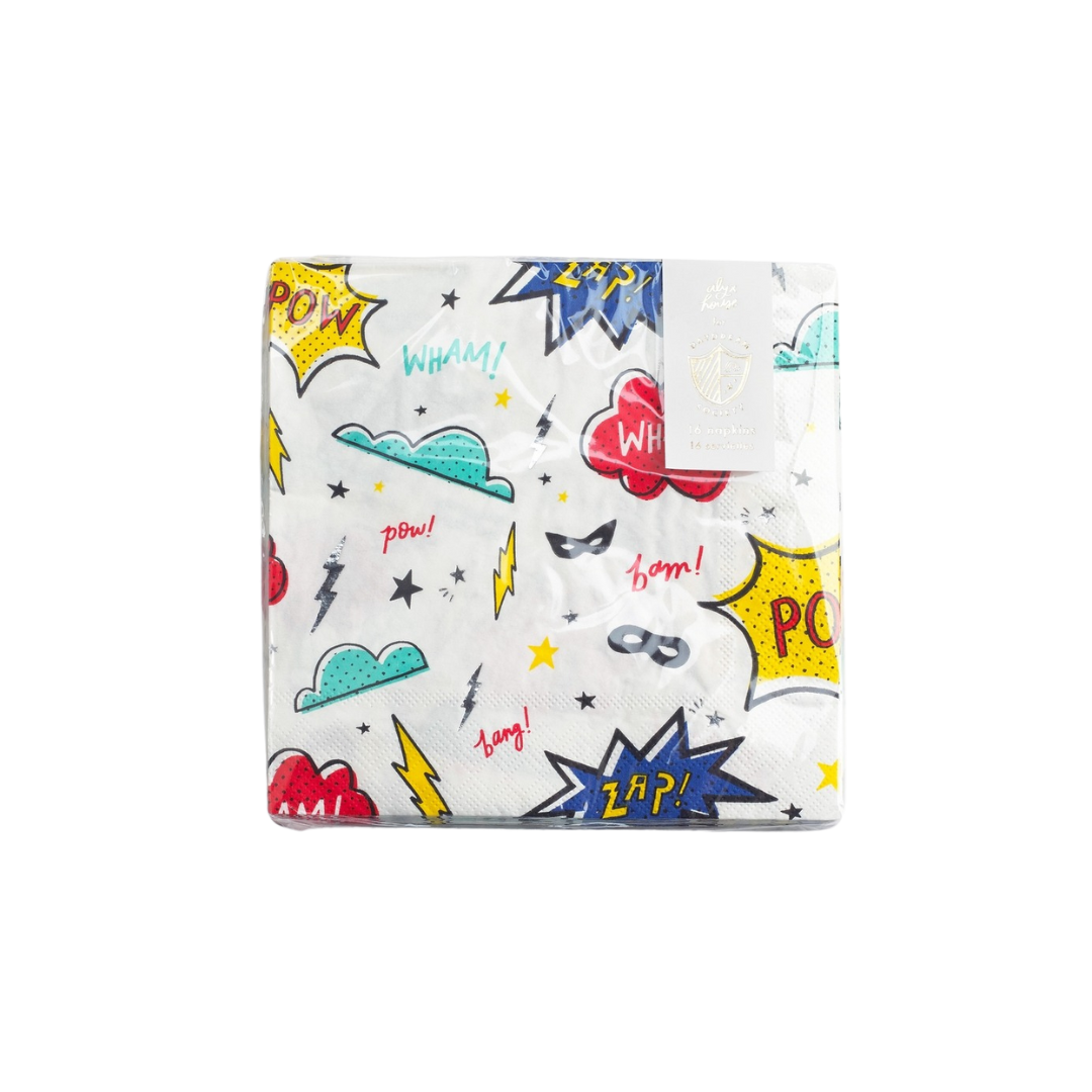 white superhero dinner napkins with comic book graphics for kids birthday from Parte Haus party supply store in Bethesda MD
