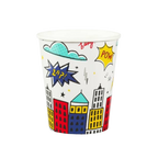 Multicolor superhero paper cup with comic buildings for superhero birthday from Parte Haus party supply store in Bethesda MD