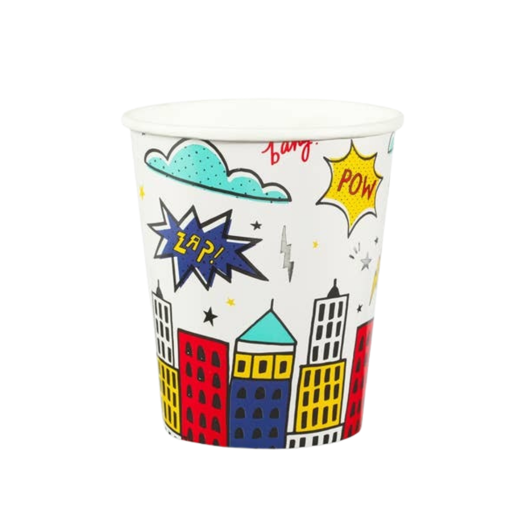Multicolor superhero paper cup with comic buildings for superhero birthday from Parte Haus party supply store in Bethesda MD