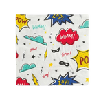 multicolor superhero large napkin with comic words and symbols birthday theme from Parte Haus party supply store in Bethesda Maryland