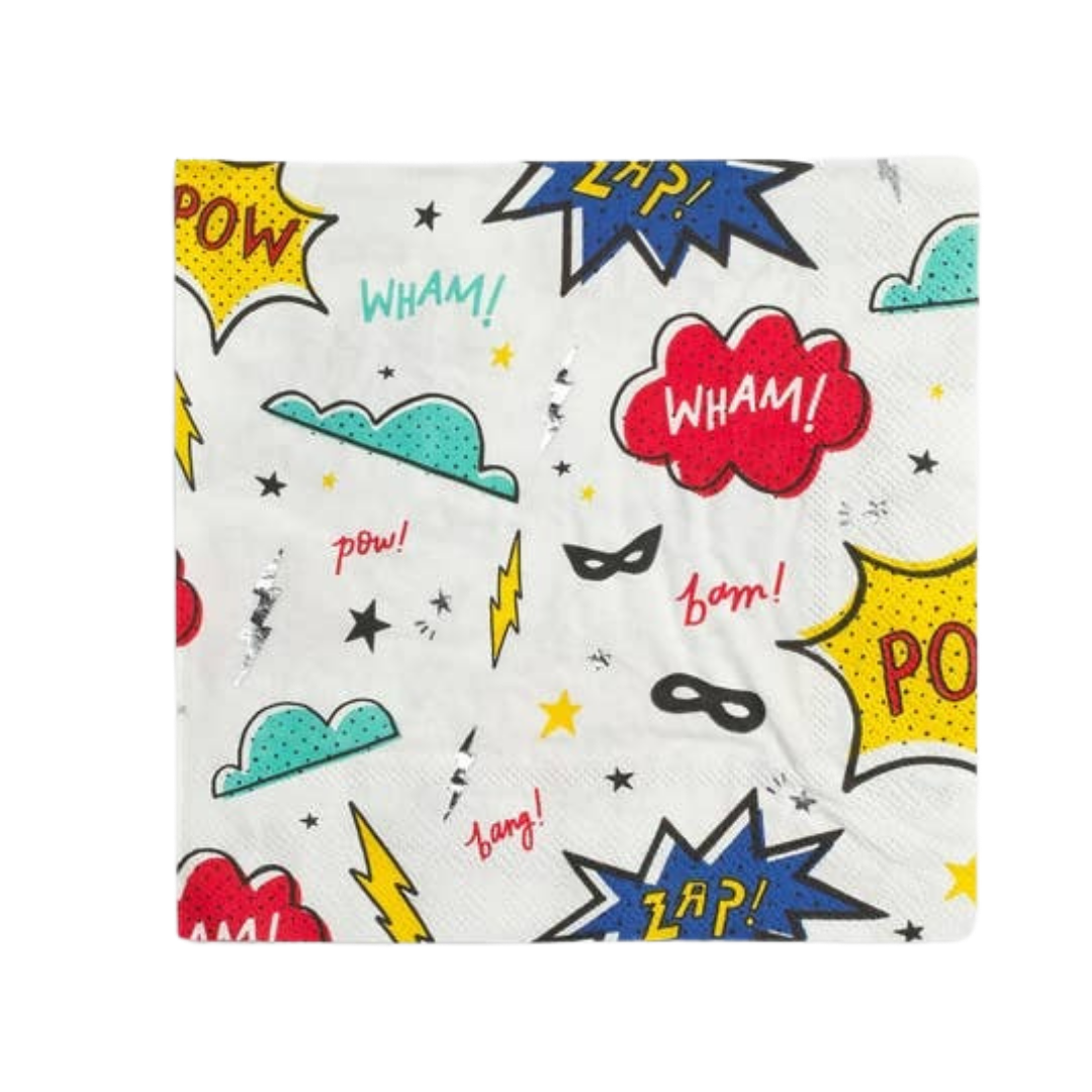 multicolor superhero large napkin with comic words and symbols birthday theme from Parte Haus party supply store in Bethesda Maryland