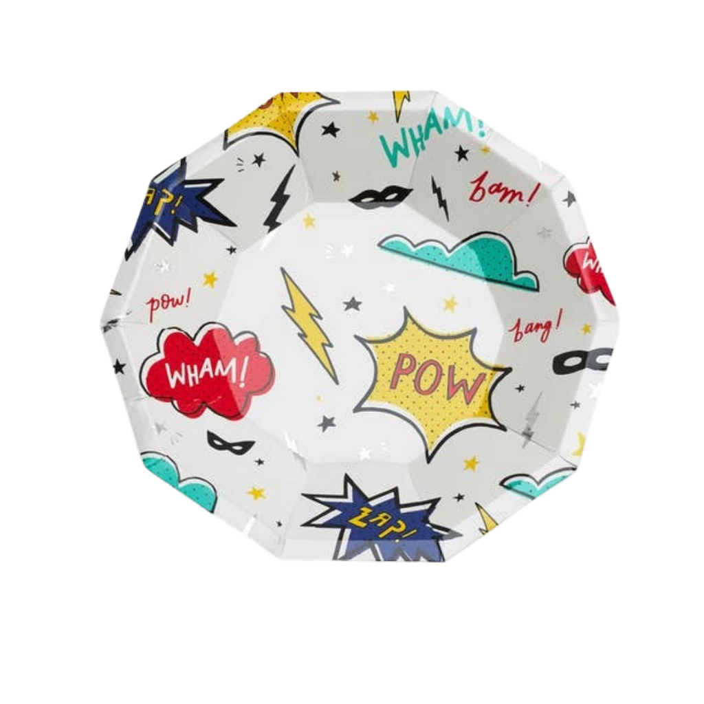 colorful superhero small plate with comic style designs for birthday from Parte Haus party supply store in Bethesda MD