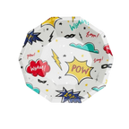 colorful superhero small plate with comic style designs for birthday from Parte Haus party supply store in Bethesda MD