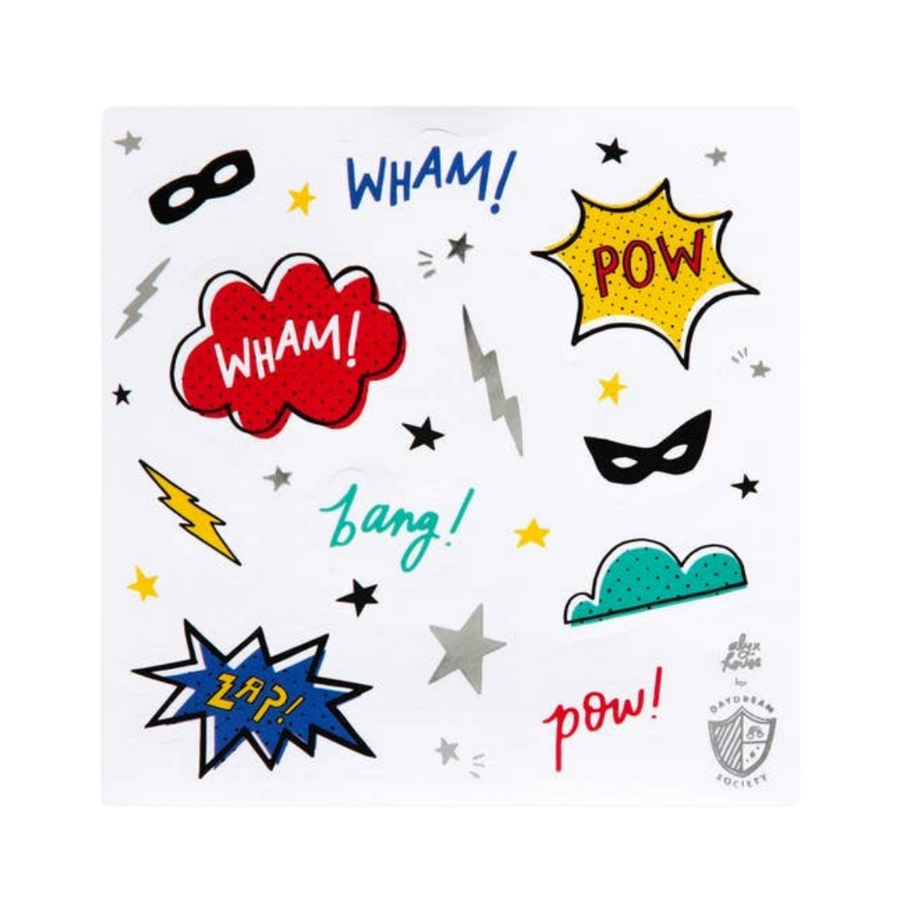 multicolor superhero sticker set with comic words and masks superhero theme from Parte Haus party supply store in Bethesda Maryland