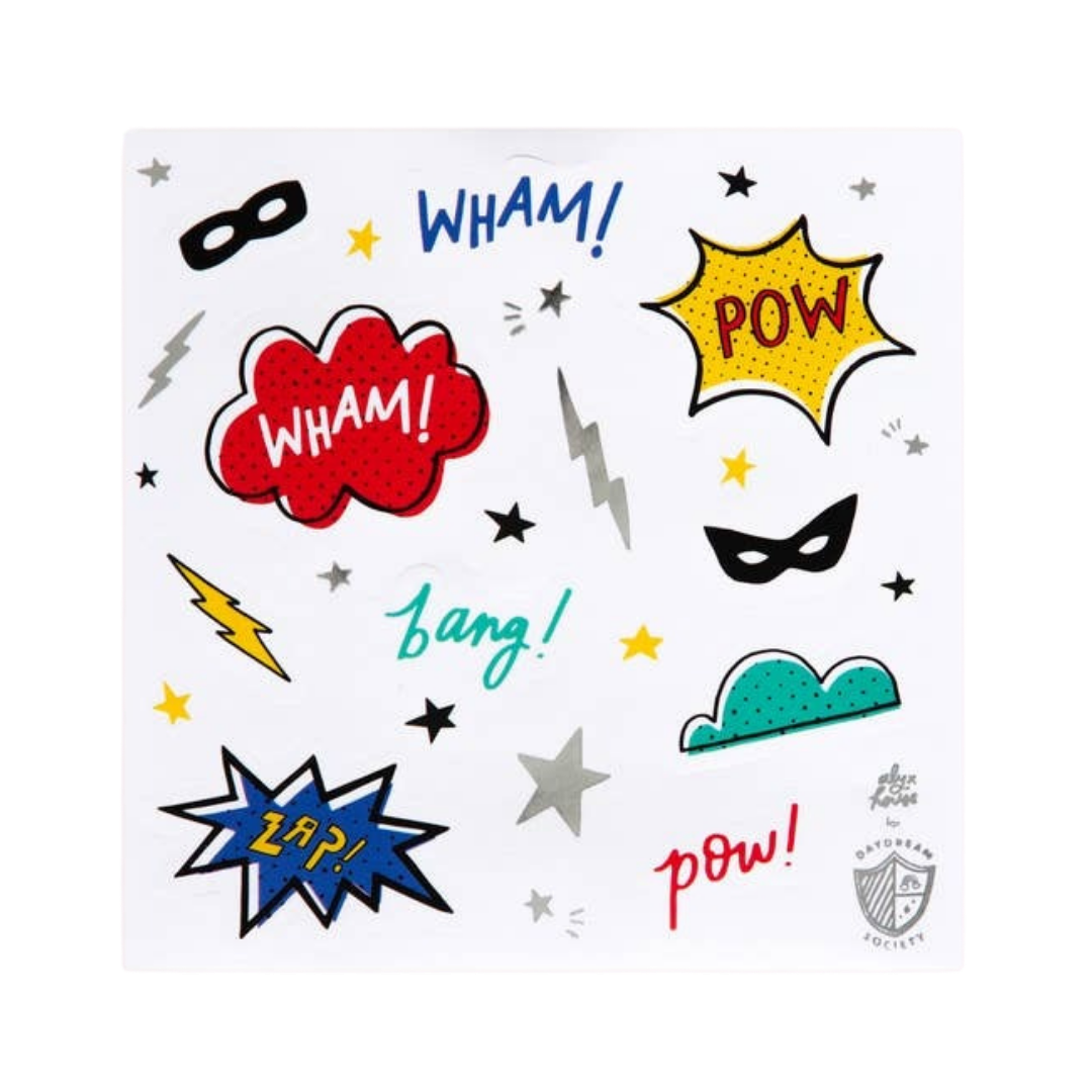 multicolor superhero sticker set with comic words and masks superhero theme from Parte Haus party supply store in Bethesda Maryland