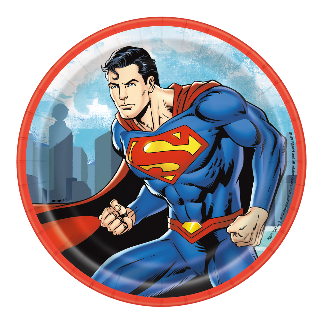 Superman-themed paper plate with superhero design on a white background