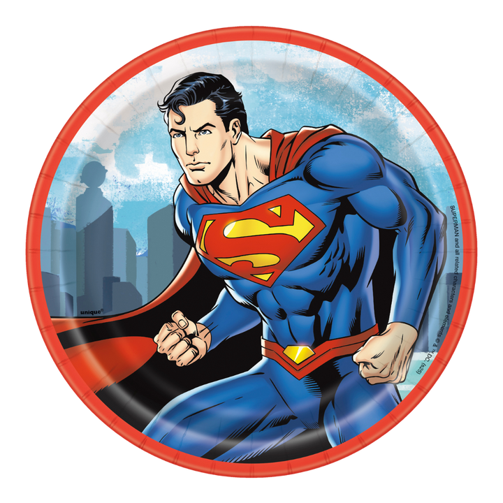 Superman-themed paper plate with superhero design on a white background
