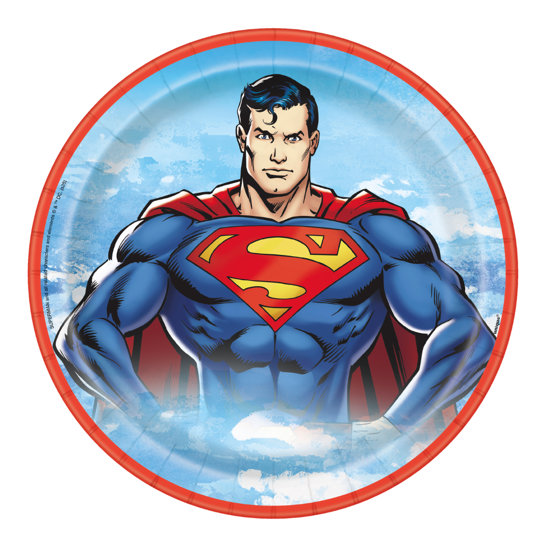 Superman themed paper plate with character and logo against a blue sky background