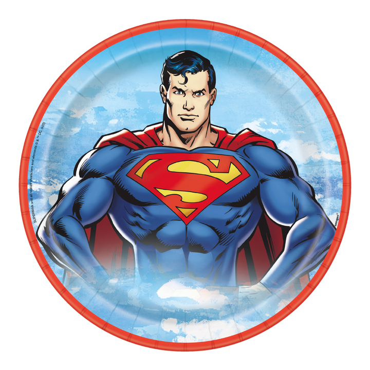 Superman themed paper plate with character and logo against a blue sky background