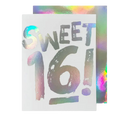 Holographic silver birthday card with large Sweet 16 text for birthday theme from Parte Haus party supply store in Bethesda MD