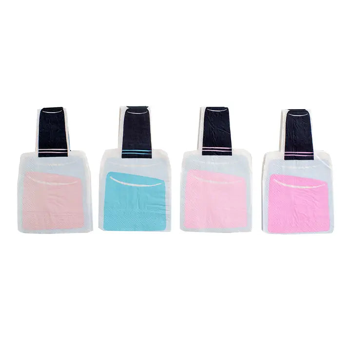Pastel pink and blue nail polish bottle napkins unique shape for birthday from Parte Haus party supply store in Bethesda Maryland