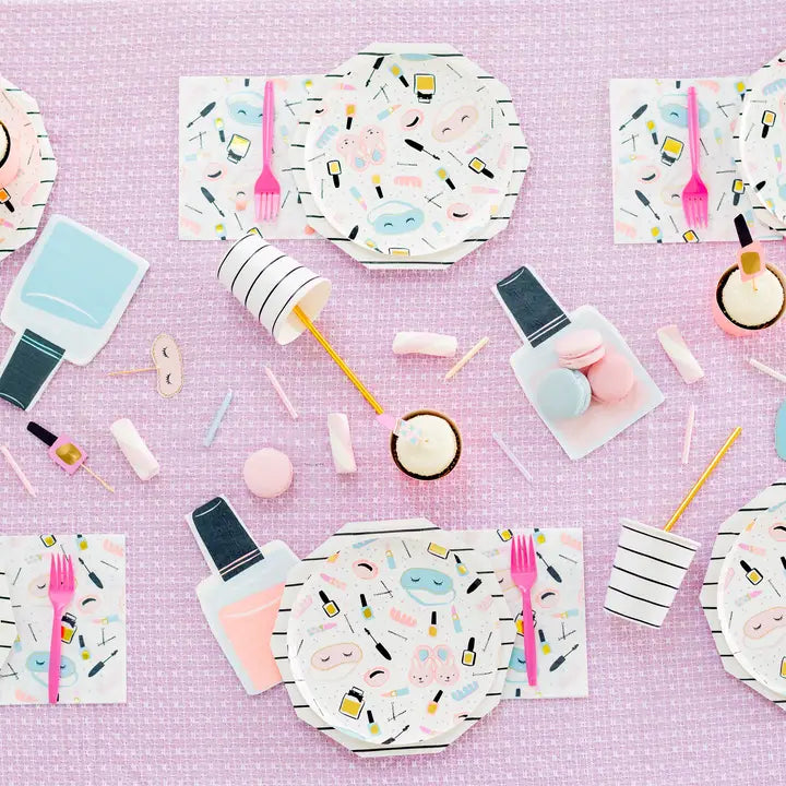 Pastel spa themed napkins with makeup designs for sleepover birthday from Parte Haus party supply store in Bethesda MD