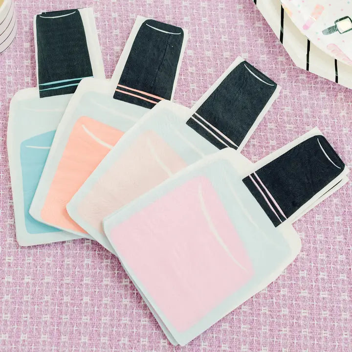 Pink and blue nail polish bottle shaped napkins birthday theme from Parte Haus party supply store in Bethesda Maryland