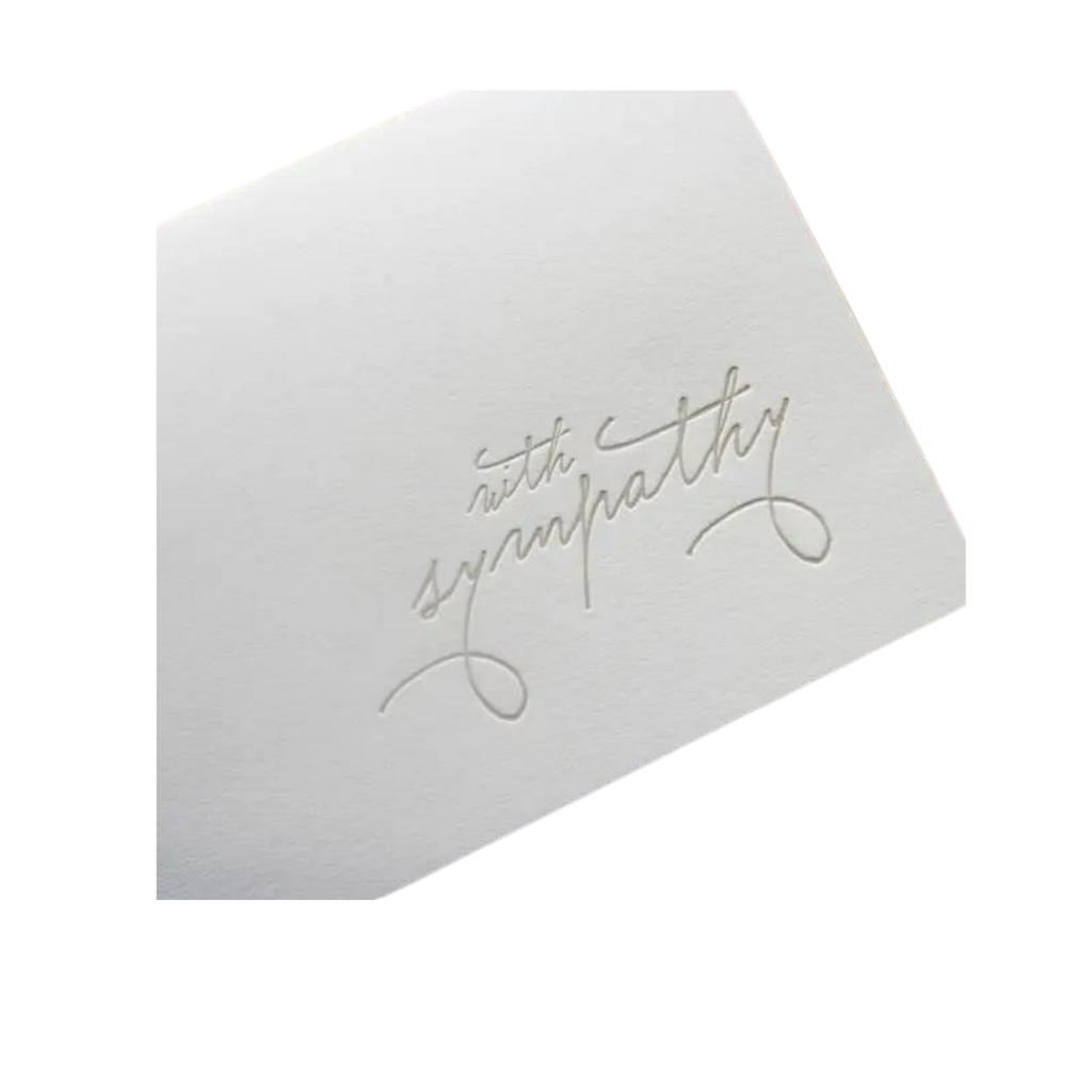 White sympathy card with elegant script condolence message from Parte Haus party supply store in Bethesda Maryland