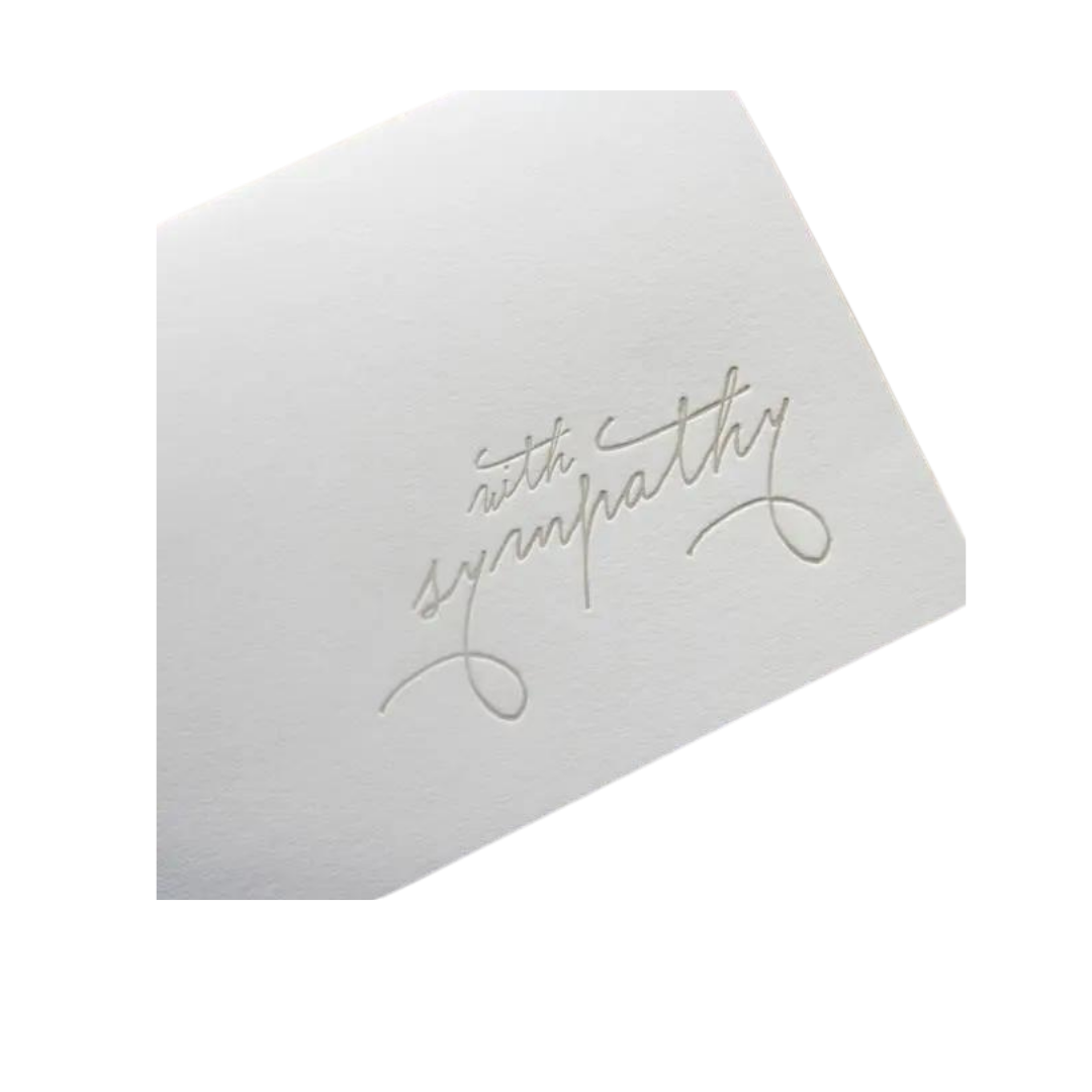 White sympathy card with elegant script condolence message from Parte Haus party supply store in Bethesda Maryland
