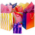 Colorful gift bags and wrapped present celebration theme from Parte Haus party supply store in Bethesda Maryland