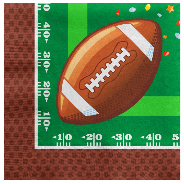 Brown green football napkin with confetti Super Bowl theme from Parte Haus party supply store in Bethesda MD
