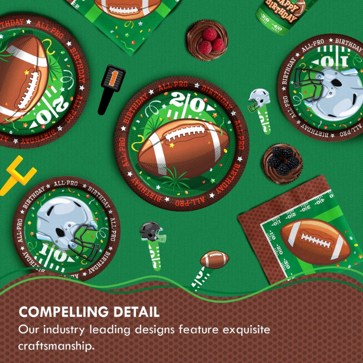 Green football birthday paper plates and napkins for sports theme from Parte Haus party supply store in Bethesda MD