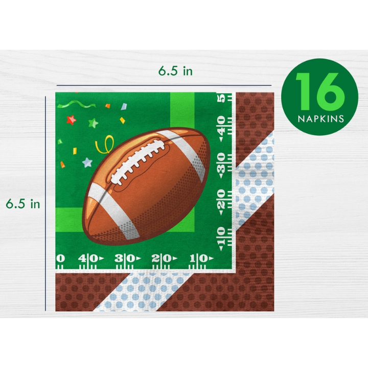 Green and brown football napkins with a football field design for sports birthday party from Parte Haus party supply store in Bethesda, MD.