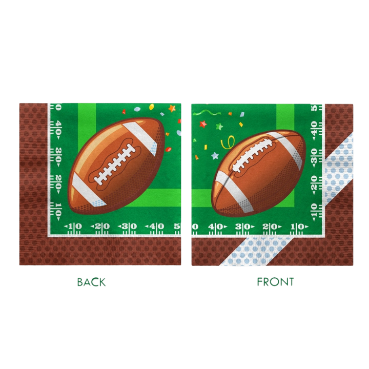 green and brown football napkin with football field and confetti for sports theme from Parte Haus party supply store in Bethesda MD