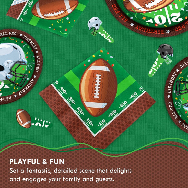 Green football birthday napkins and plates with helmet designs sports theme from Parte Haus party supply store in Bethesda MD