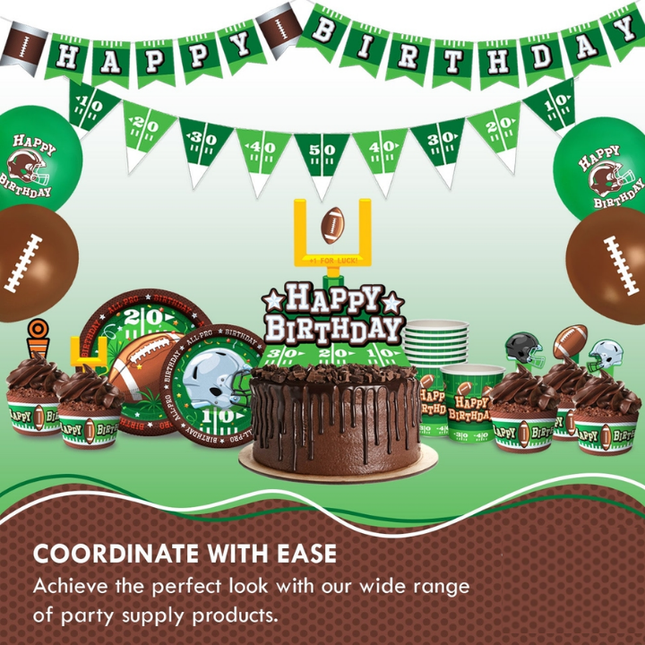 Green and brown football birthday decorations with balloons plates and cake for birthday from Parte Haus party supply store in Bethesda Maryland