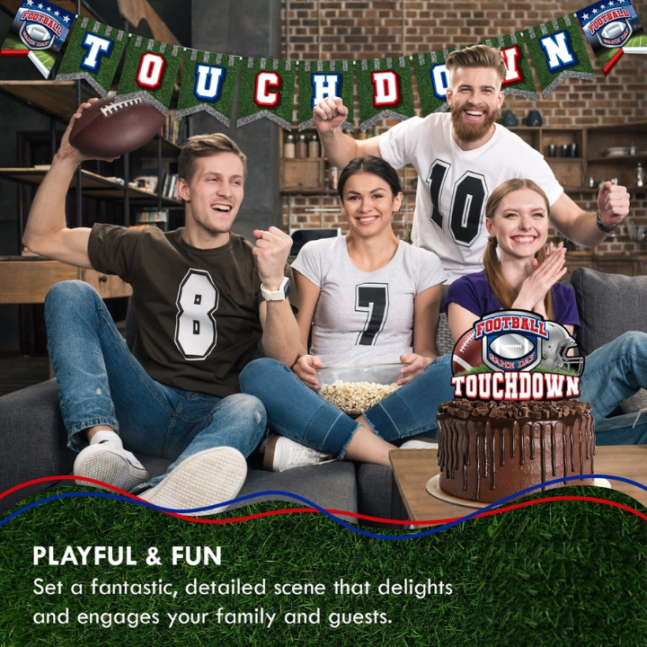 Football themed banner group watching game decor for game day from Parte Haus party supply store in Bethesda Maryland
