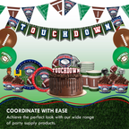 Green brown football themed tableware and balloons for game day from Parte Haus party supply store in Bethesda MD