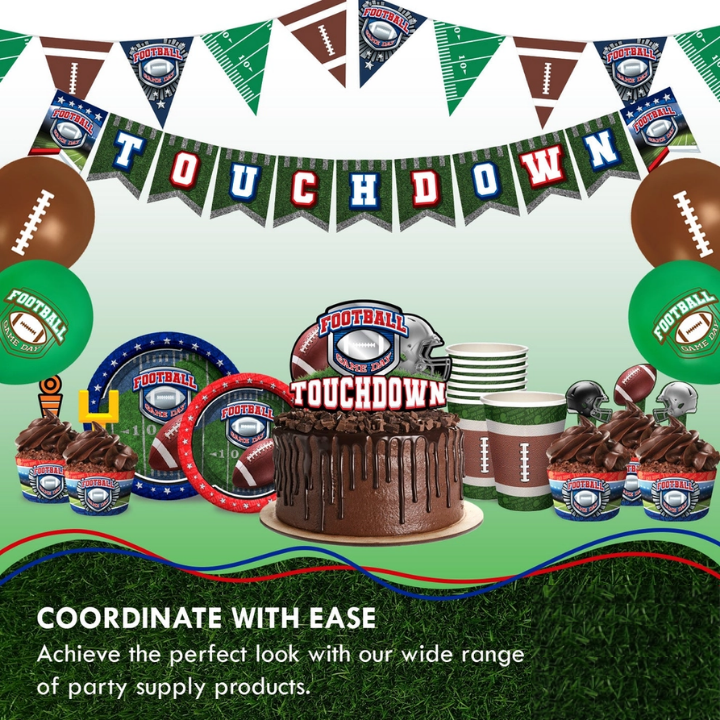 Green brown football themed tableware and balloons for game day from Parte Haus party supply store in Bethesda MD