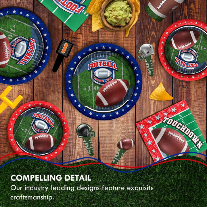 Green blue and red football plates and napkins with game day theme from Parte Haus party supply store in Bethesda MD