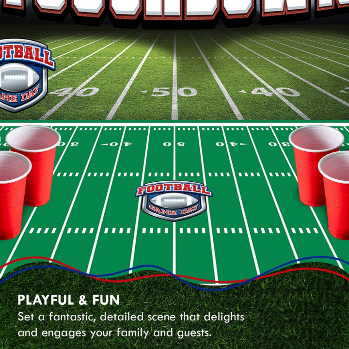 Green football field table cover with red cups for game day from Parte Haus party supply store in Bethesda MD.