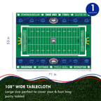 Green football field tablecloth with end zone markings perfect for sports-themed events from Parte Haus party supply store in Bethesda Maryland