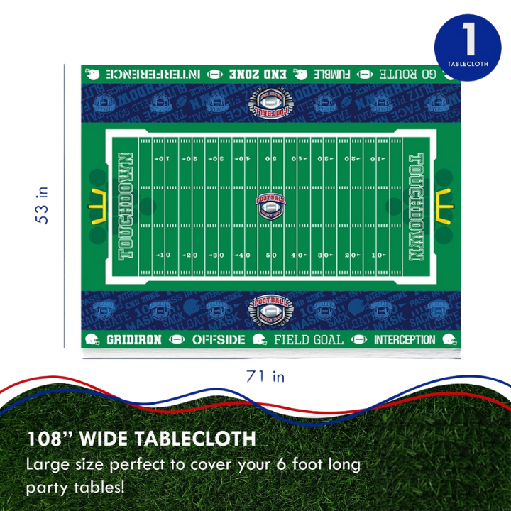 Green football field tablecloth with end zone markings perfect for sports-themed events from Parte Haus party supply store in Bethesda Maryland