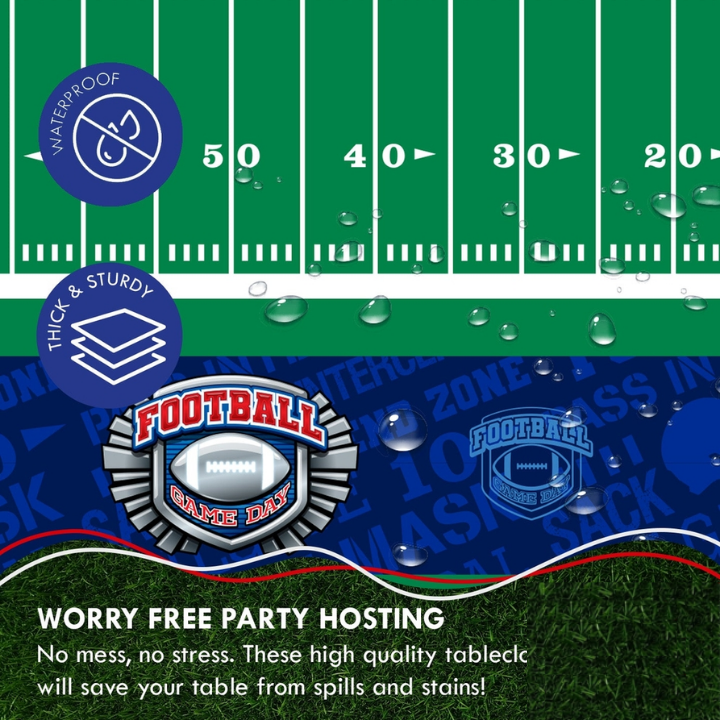 Green football field waterproof tablecloth for game day from Parte Haus party supply store in Bethesda Maryland