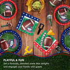 Blue and red football themed plates and napkins game day decor from Parte Haus party supply store in Bethesda MD