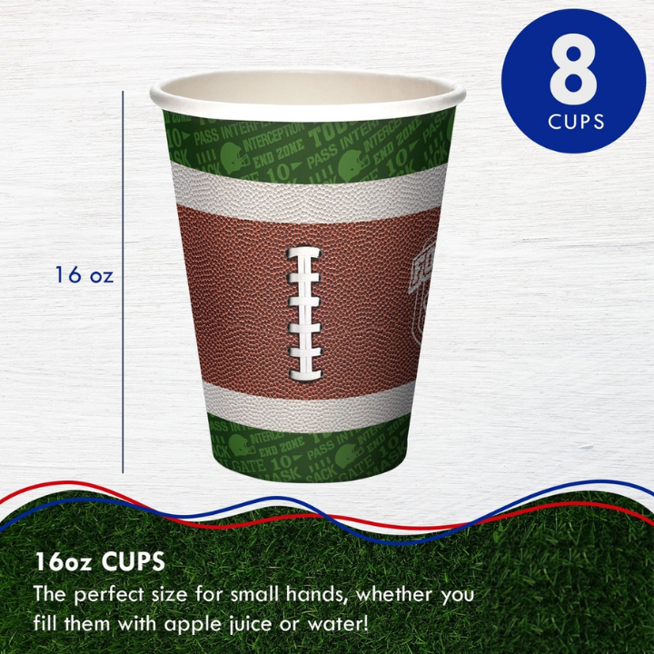 brown football paper cups with green field print sports theme from Parte Haus party supply store in Bethesda MD