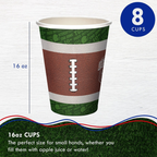 brown football paper cups with green field print sports theme from Parte Haus party supply store in Bethesda MD