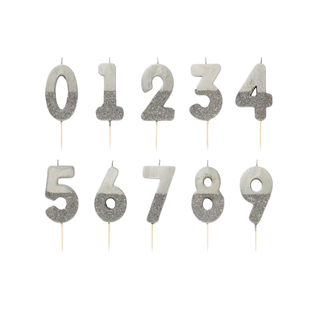 Silver glitter number candle set for birthday celebration from Parte Haus party supply store in Bethesda MD