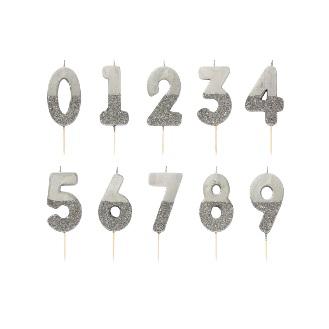 Silver glitter number candle set for birthday celebration from Parte Haus party supply store in Bethesda MD