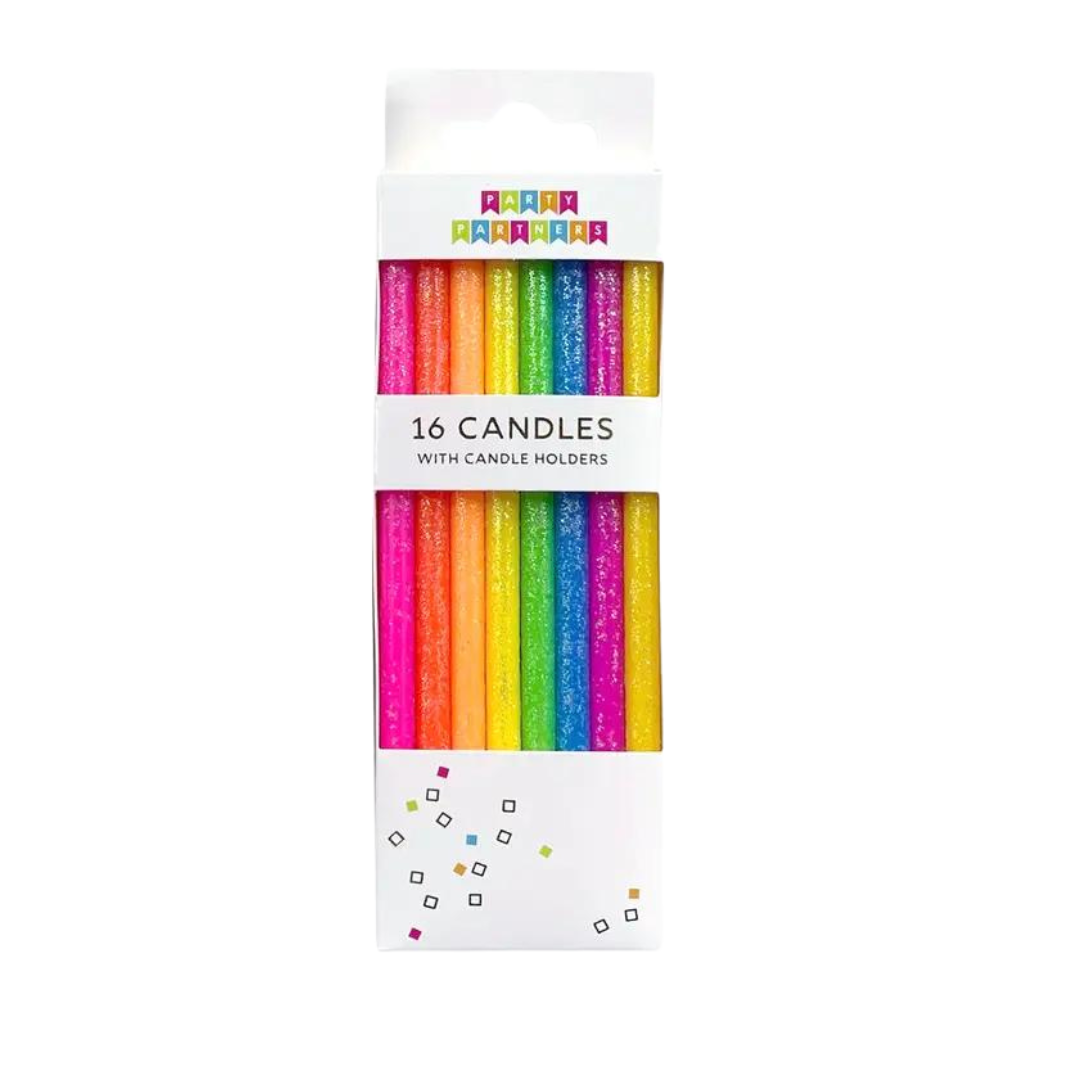 Neon rainbow gradient birthday candles set of 16 with glitter from Parte Haus party supply store in Bethesda Maryland