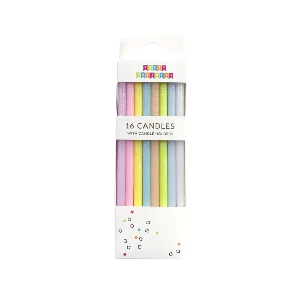 Pastel rainbow gradient tall candle set with glitter birthday candles from Parte Haus party supply store in Bethesda Maryland