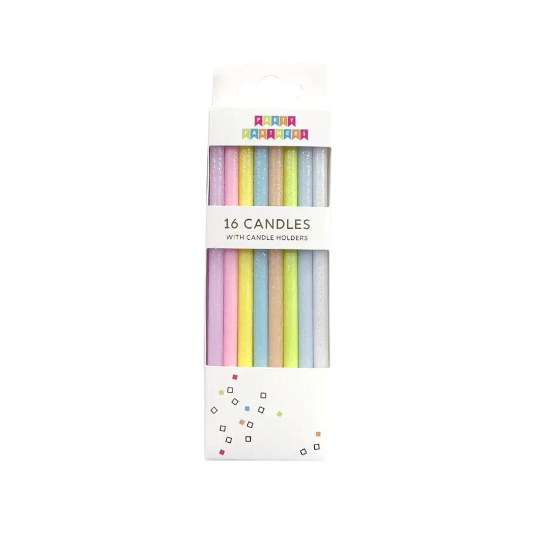 Pastel rainbow gradient tall candle set with glitter birthday candles from Parte Haus party supply store in Bethesda Maryland