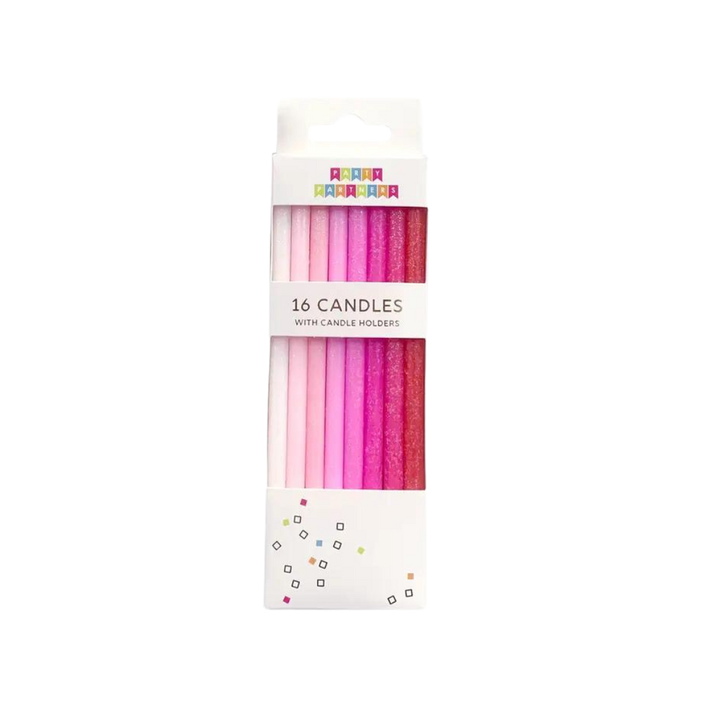 Pink gradient birthday candle set with sparkly finish for celebrations from Parte Haus party supply store in Bethesda Maryland
