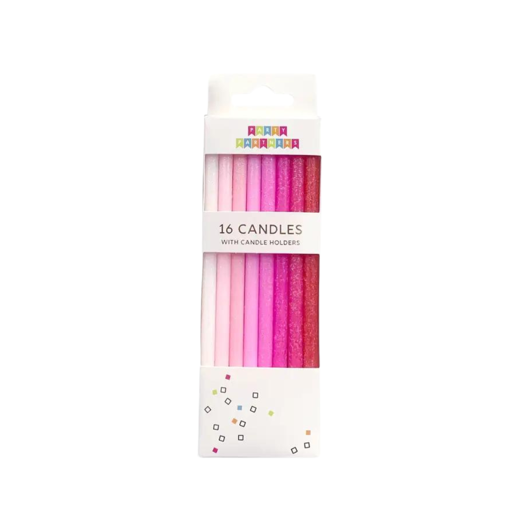 Pink gradient birthday candle set with sparkly finish for celebrations from Parte Haus party supply store in Bethesda Maryland