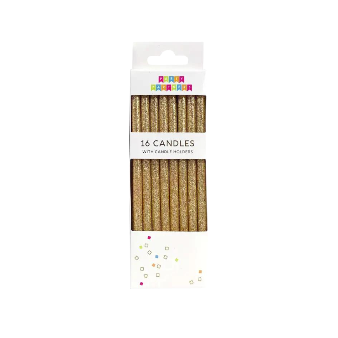 Tall solid gold glitter candles set for birthdays from Parte Haus party supply store in Bethesda Maryland