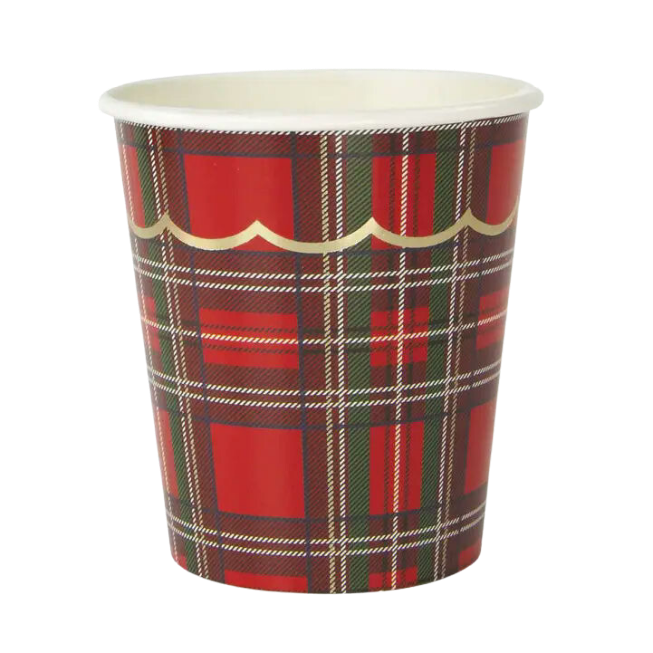 Red tartan and gold scallop paper cup holiday design from Parte Haus party supply store in Bethesda MD