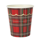 Red tartan and gold scallop paper cup holiday design from Parte Haus party supply store in Bethesda MD