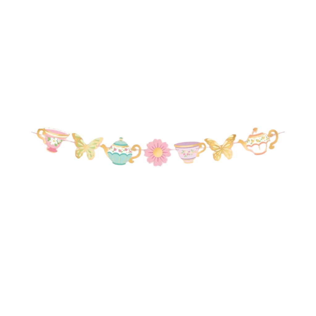 pastel tea party garland with teacups flowers and butterflies for birthday or Easter from Parte Haus party supply store in Bethesda Maryland