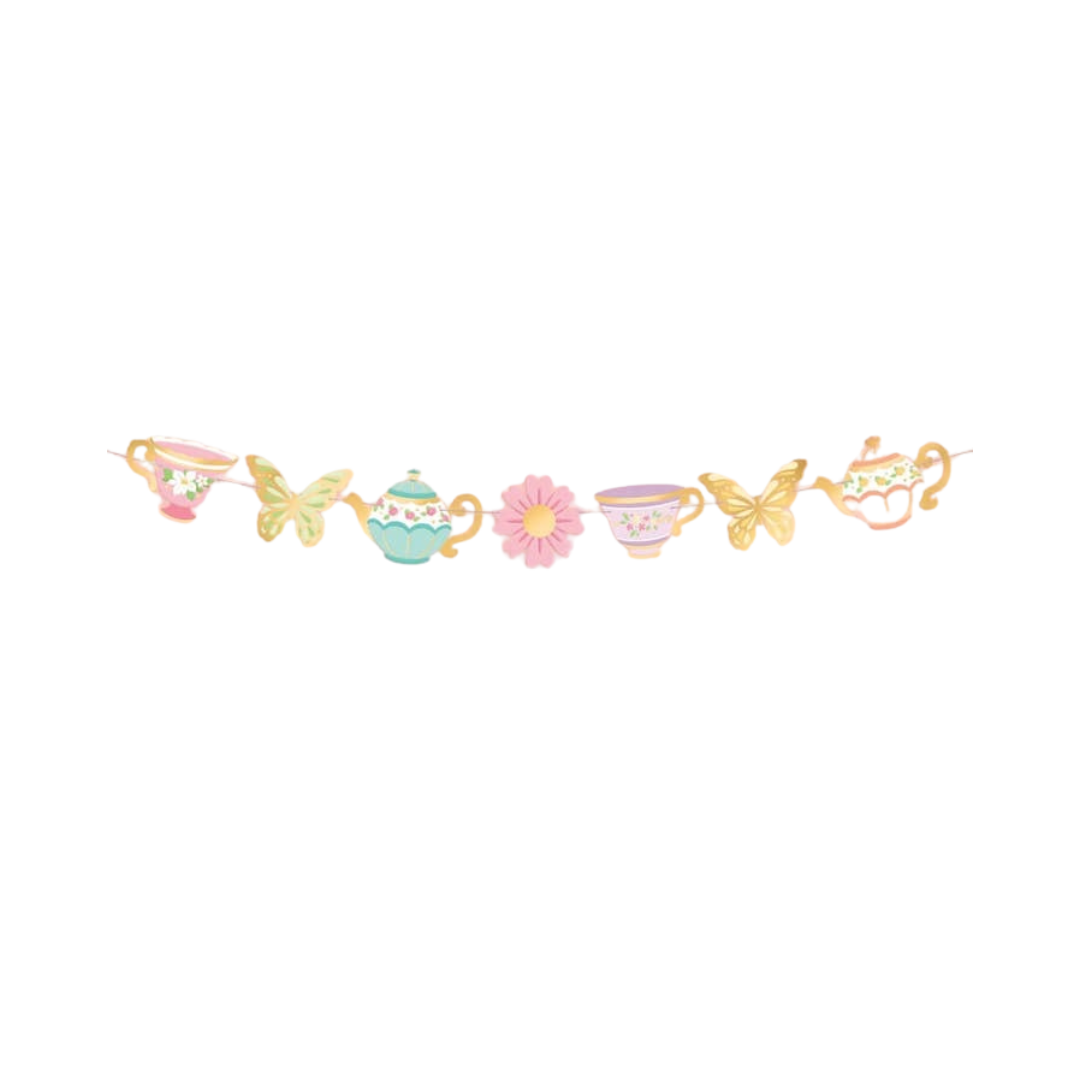 pastel tea party garland with teacups flowers and butterflies for birthday or Easter from Parte Haus party supply store in Bethesda Maryland